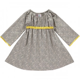 Long Sleeved Empire Line Dress – Grey Floral and Yellow