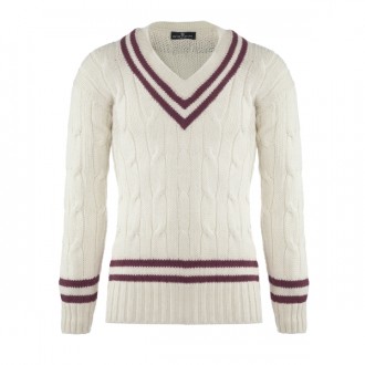Harvard Cricket Sweater - Cream with Crimson Stripe