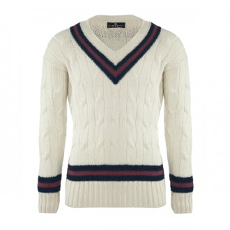 Household Division Cricket Sweater - Cream with Navy & Red Stripe