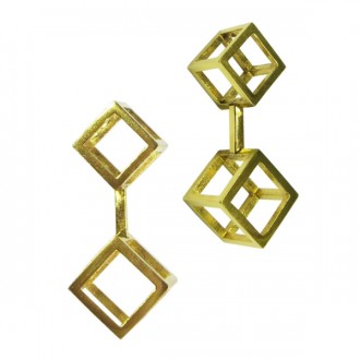 Gold Double Cube Drop Earrings